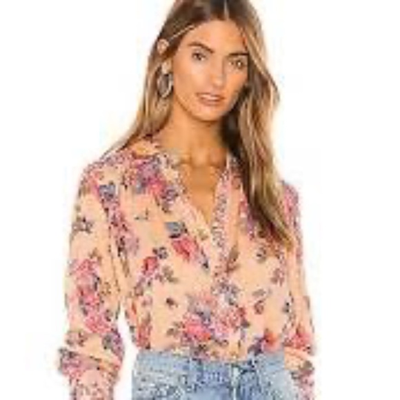 Free People Hold On To Me Button Down Coral Floral Print Top w/long sleeves Sz M - Picture 2 of 11